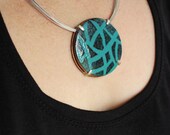 Enameled Drawnwork Necklace with Turquoise and Black Enamels, Sterling silver and copper, Round Circle Pendant, Large.