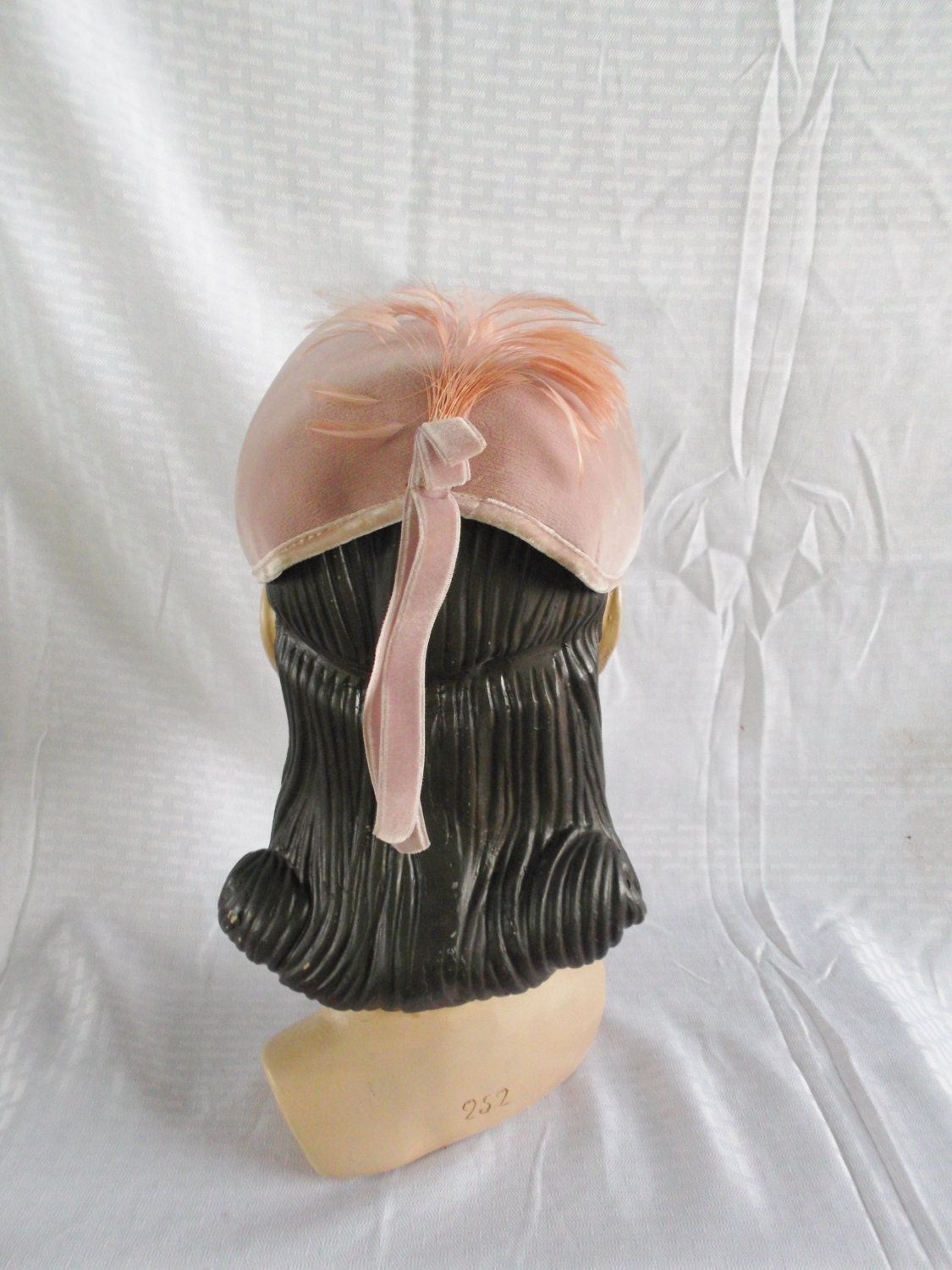 1950's Vintage Pink Velvet Half Hat with Feathers