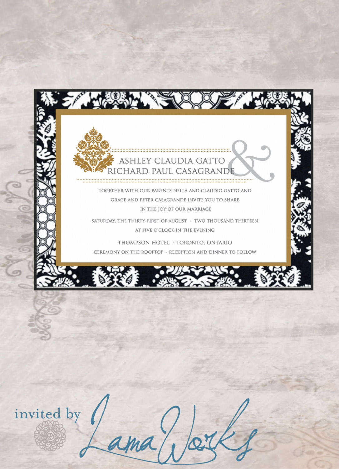 Black and Gold Brocade and Stripes Wedding Invitation - Ashley and Richard