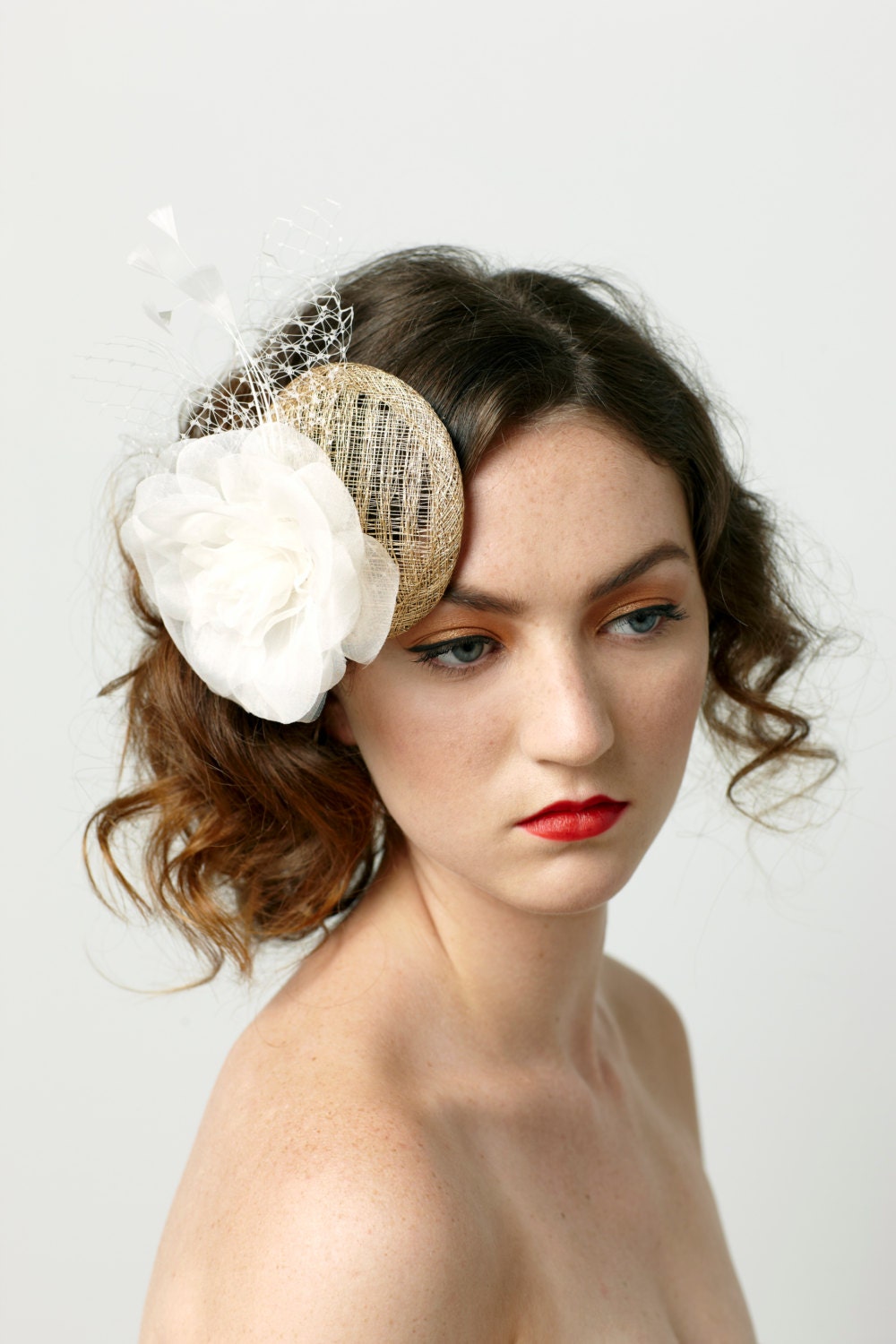 Bridal headpiece, Gold mini hat with Ivory silk flower, netting and feathers