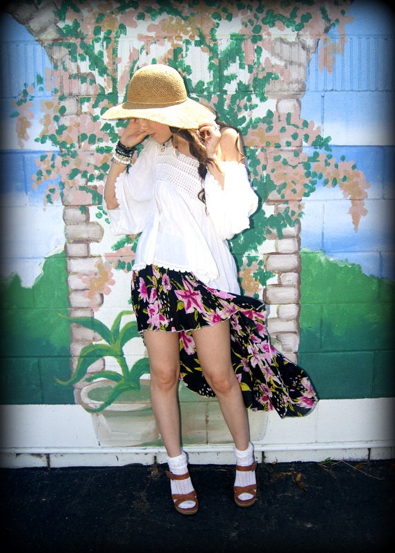 LOVE Hippie, Recycled, Vintage, Boho, High-Low Hemline, Black, Floral, Gypsy, Mini, Skirt