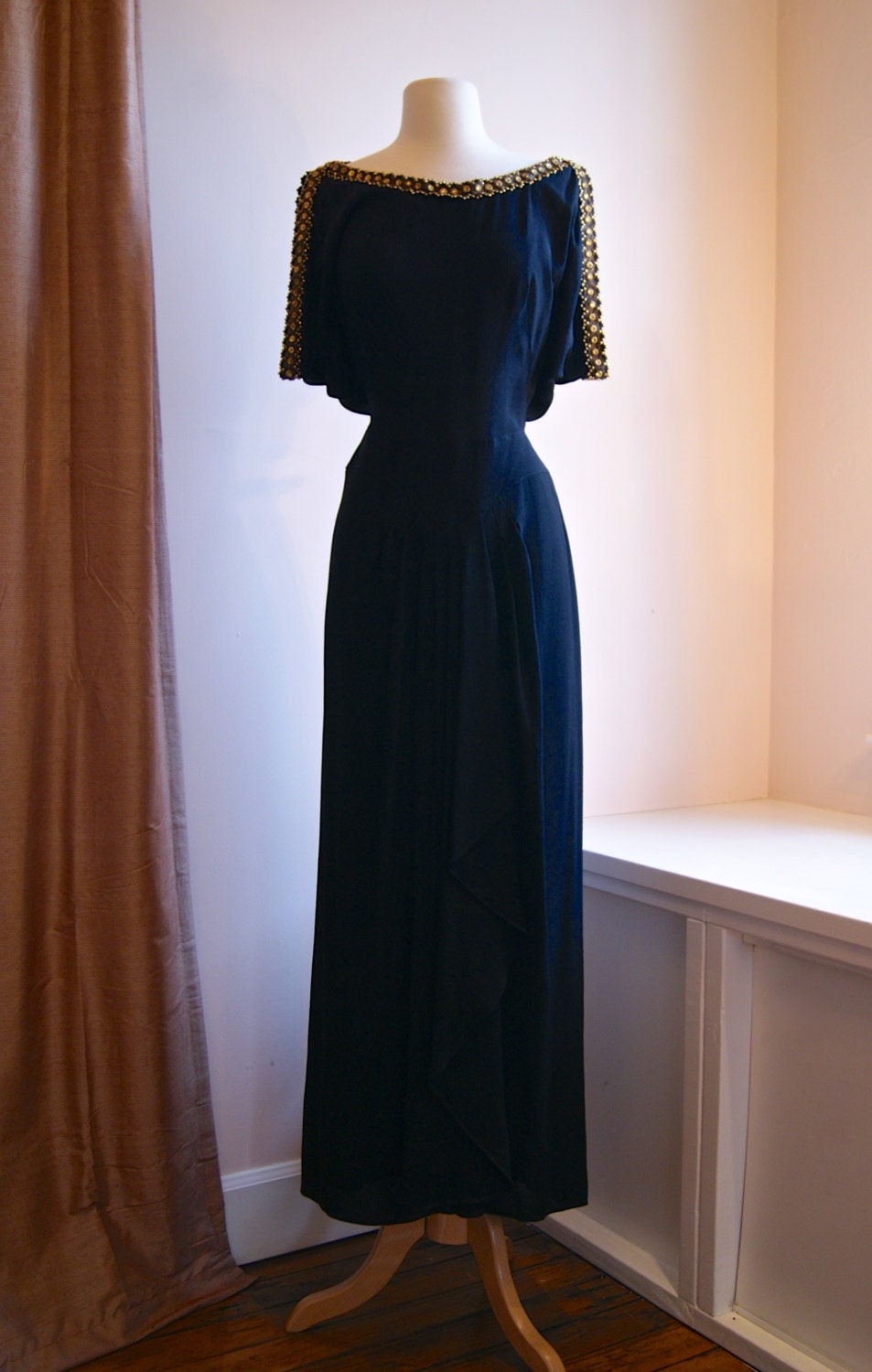 Vintage 40s Jean Carol Grecian Goddess Gown Dress Gold Sexy Neckline