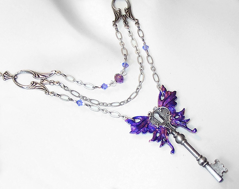 Victorian Art Nouveau purple winged butterfly key necklace