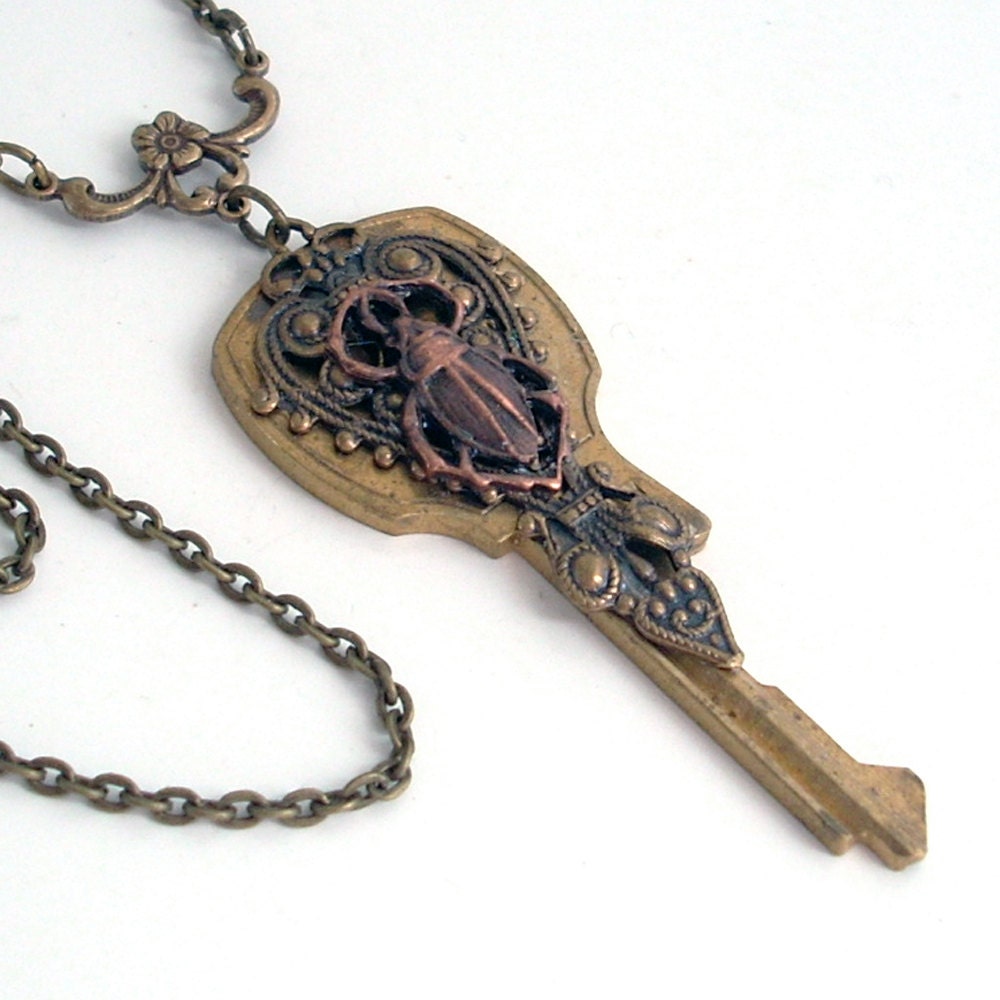 Filigree Egyptian Scarab Key Necklace Handmade Jewelry Key Pendant - Recycled Eco Friendly