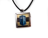 Doctor Who Inspired TARDIS Necklace, Square Silver-Toned Glass Pendant on Black Stretch Cord