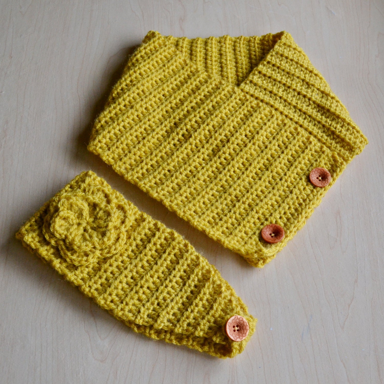 Ships FREE Adult Crochet Cowl and Matching Head Wrap mustard yellow woman women custom crochet flower sweater warm girl