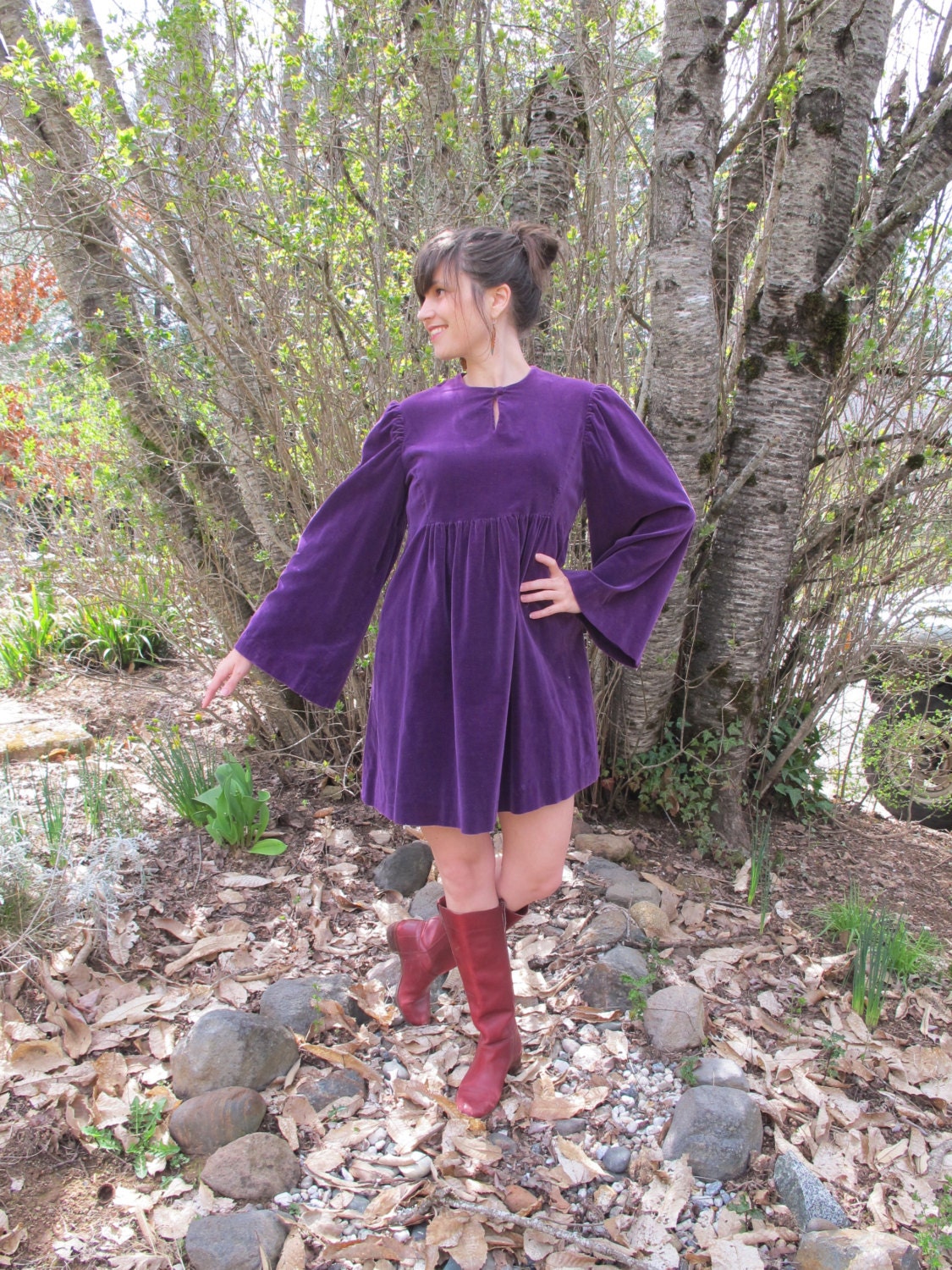 Vintage 60s Purple Velvet Bell Sleeve Babydoll Dress