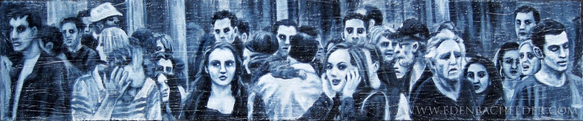 One of the Crowd original painting by Eden Bachelder, acrylic on gallery canvas, 10" x 48"