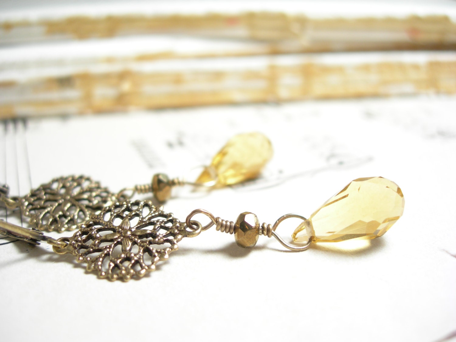 Citrine crystal dangle earrings brass filigrees goldenrod