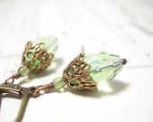 Peridot glass earrings dangle brass lever backs mint green
