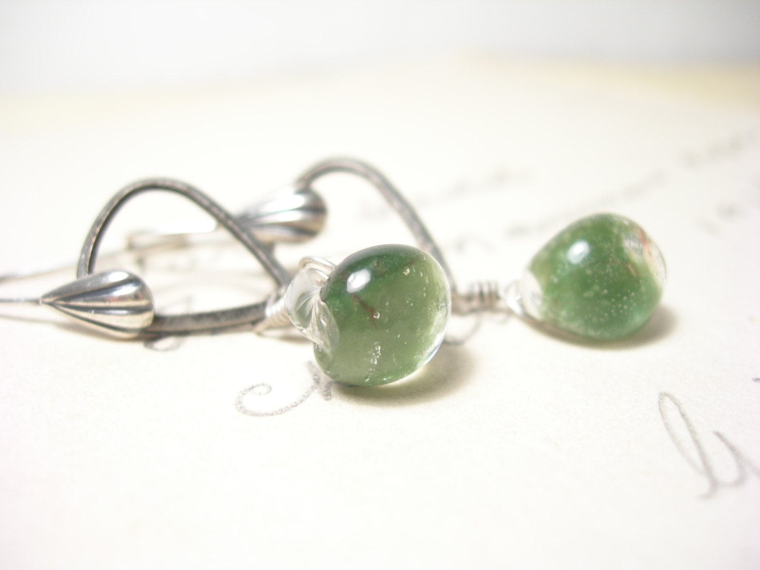 Lampwork earrings sage green silver dangle triangles abstract fashion - pamelasjewelry