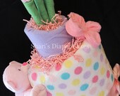 Spring Flowers & Pink Bear 2-Tier Topsy Turvy Diaper Cake - Baby Gift - Baby Shower Centerpiece