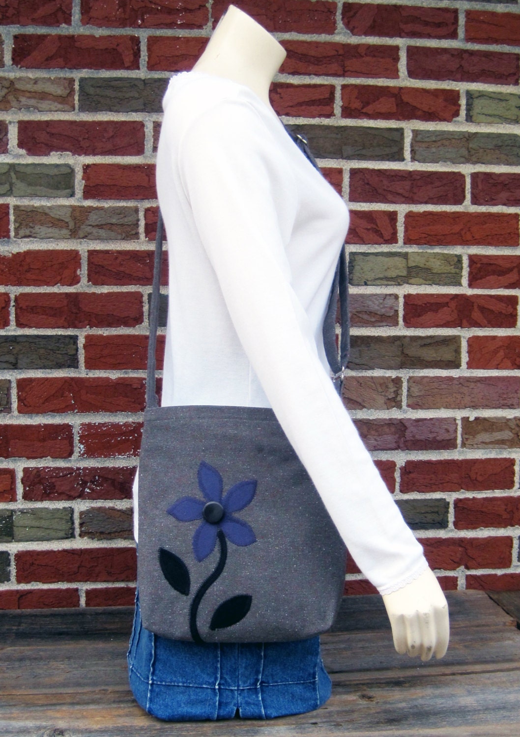 Eco Friendly Little Darling in Gray Mix, Recycled Fabric with Adorable Appliquéd Purple Blossom and Black Stem