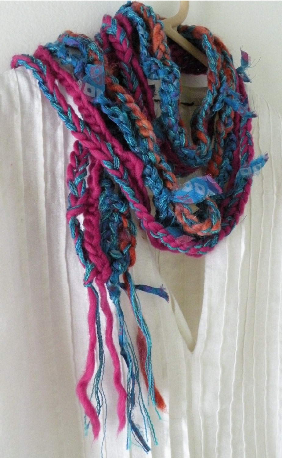 Crochet scarf: women's multicolor silk knit long skinny fashion scarflette, indie design pink teal blue brown, Bohemian wool i791
