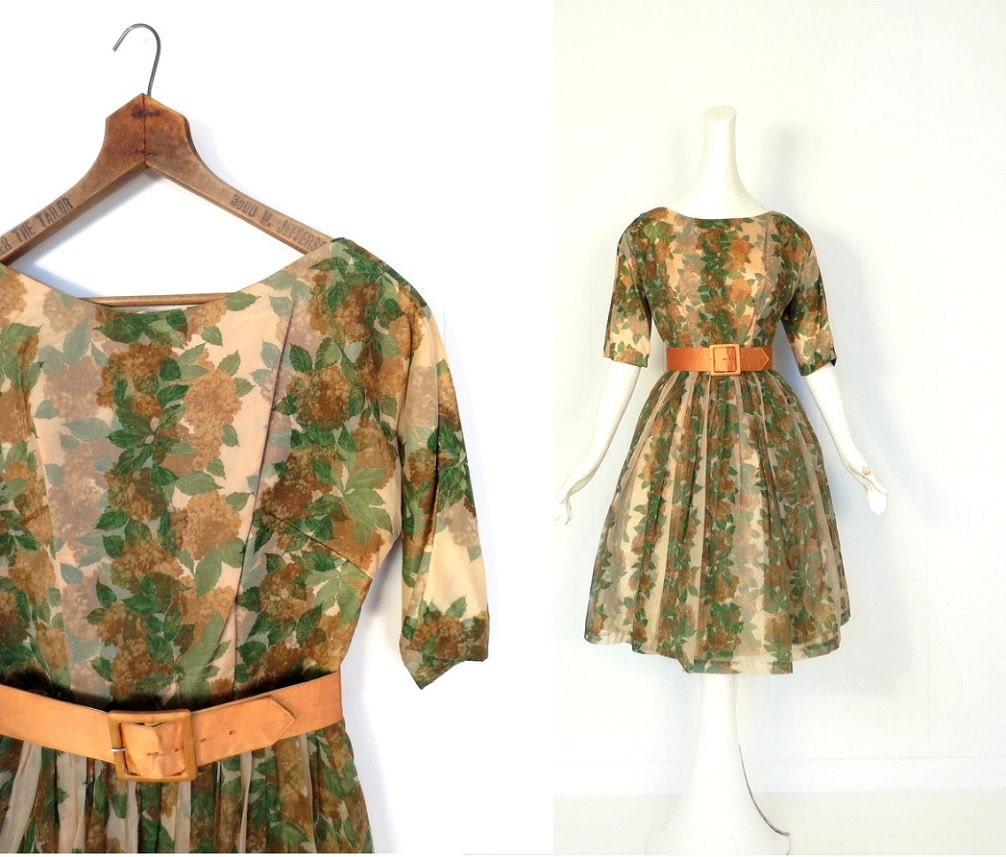 1950s Party Dress / 50s Floral Dress / Sepia Hydrangeas / Chiffon Dress / XS