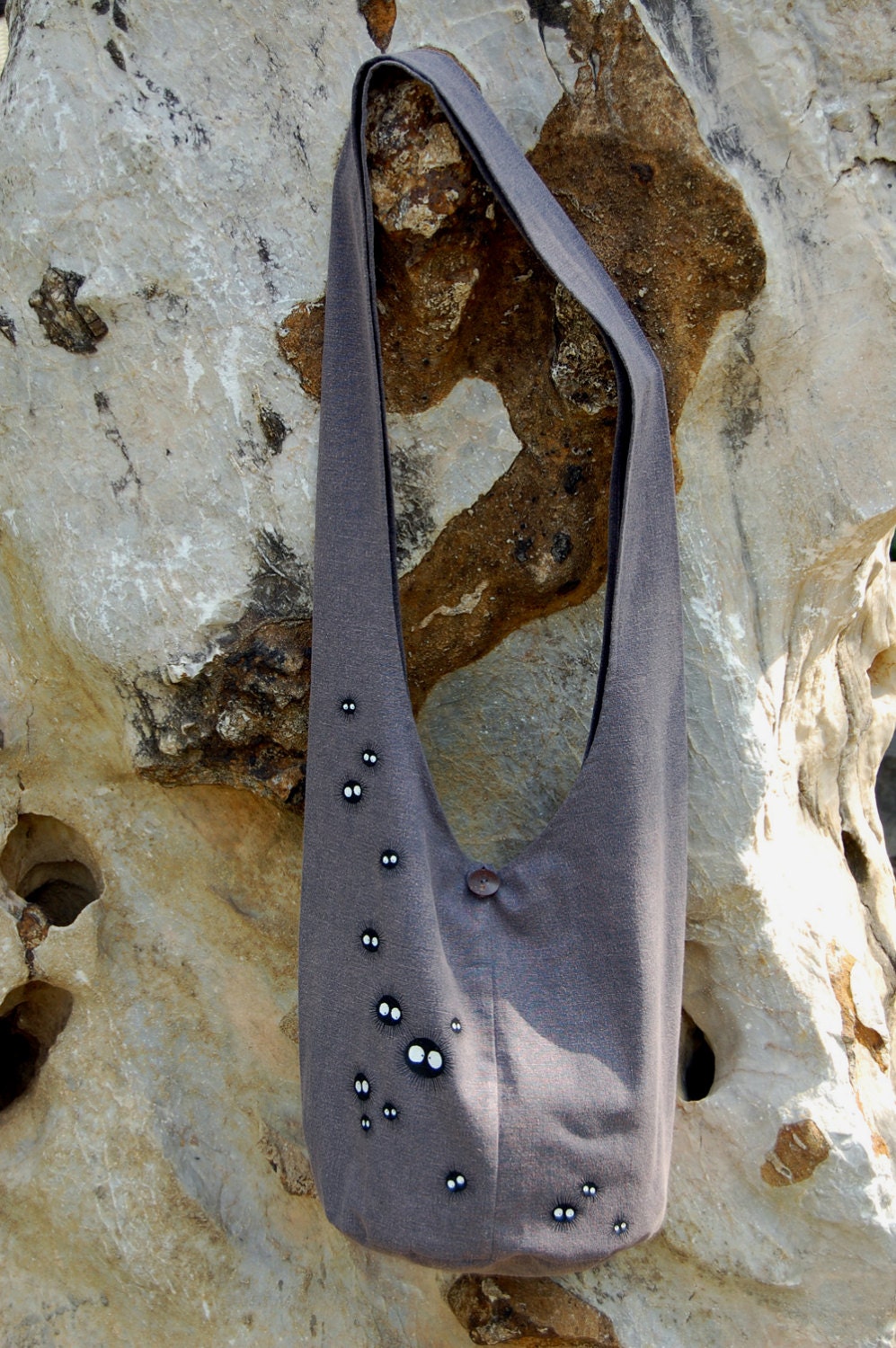 Spirited Away Totoro soot sprites Hip Sling Bag cotton Thai Cotton 41 dark grey gray with pink stone pattern