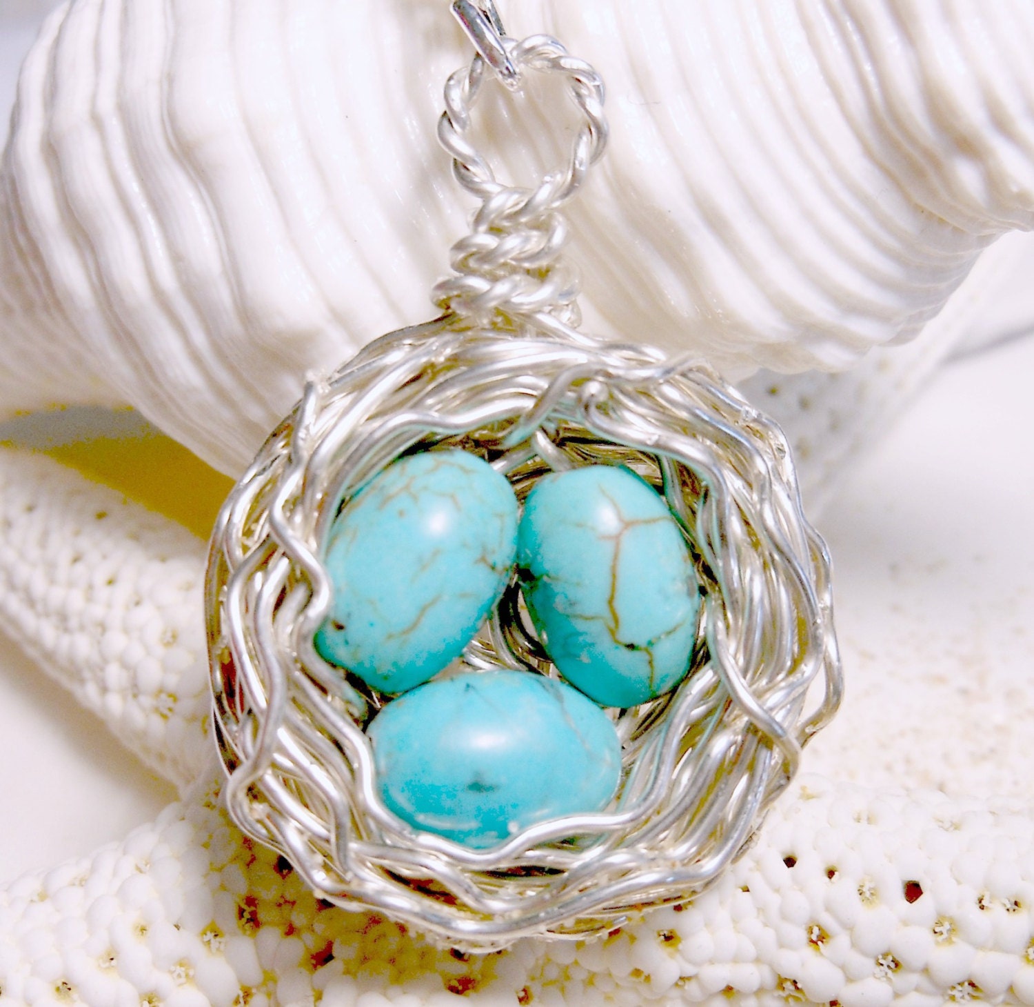 Birds Nest Neclace - Wire Wrapped - Sterling Silver -Tiny Robin's Eggs