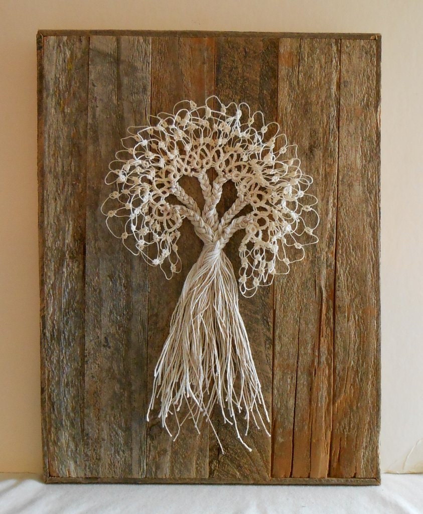 Lace Tatted Tree with Braided Trunk Mounted on a 8" x 11" Distress Pine Boards