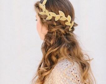 Gold Bridal Fascinator, Beaded Leaf Headband, Grecian Bridal Hair Piece, Tiara, Halo, Crown, Wedding Headpiece, Cleo Ships in 1 Month
