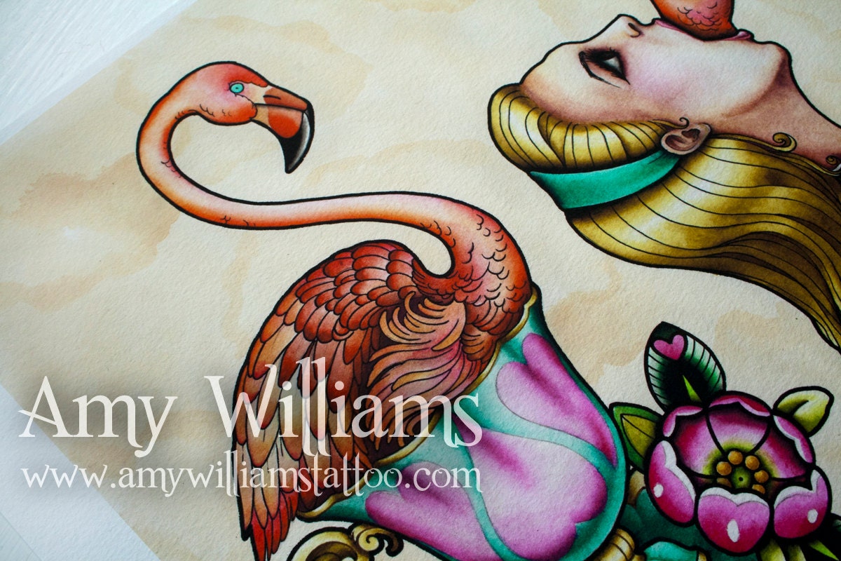 Alice in Wonderland with Flamingo Mouth Tattoo Art  A3 Print