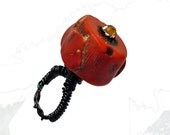 Wire-wrapped Ring - Coral Chunk, Black Wire and Swarovski Chaton - Size 4