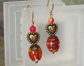 Gold Heart with Red Foil Glass Beads 14Kt Gold-Filled French Hook Earrings - E221