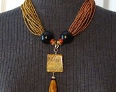 Beaded Bronze and Copper Torsade Necklace with Wrapped Agate Pendant - NS04