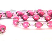 Pink Wood Beads Necklace Crackle Glass Beads  Silver Bead Caps, 30 inches Long