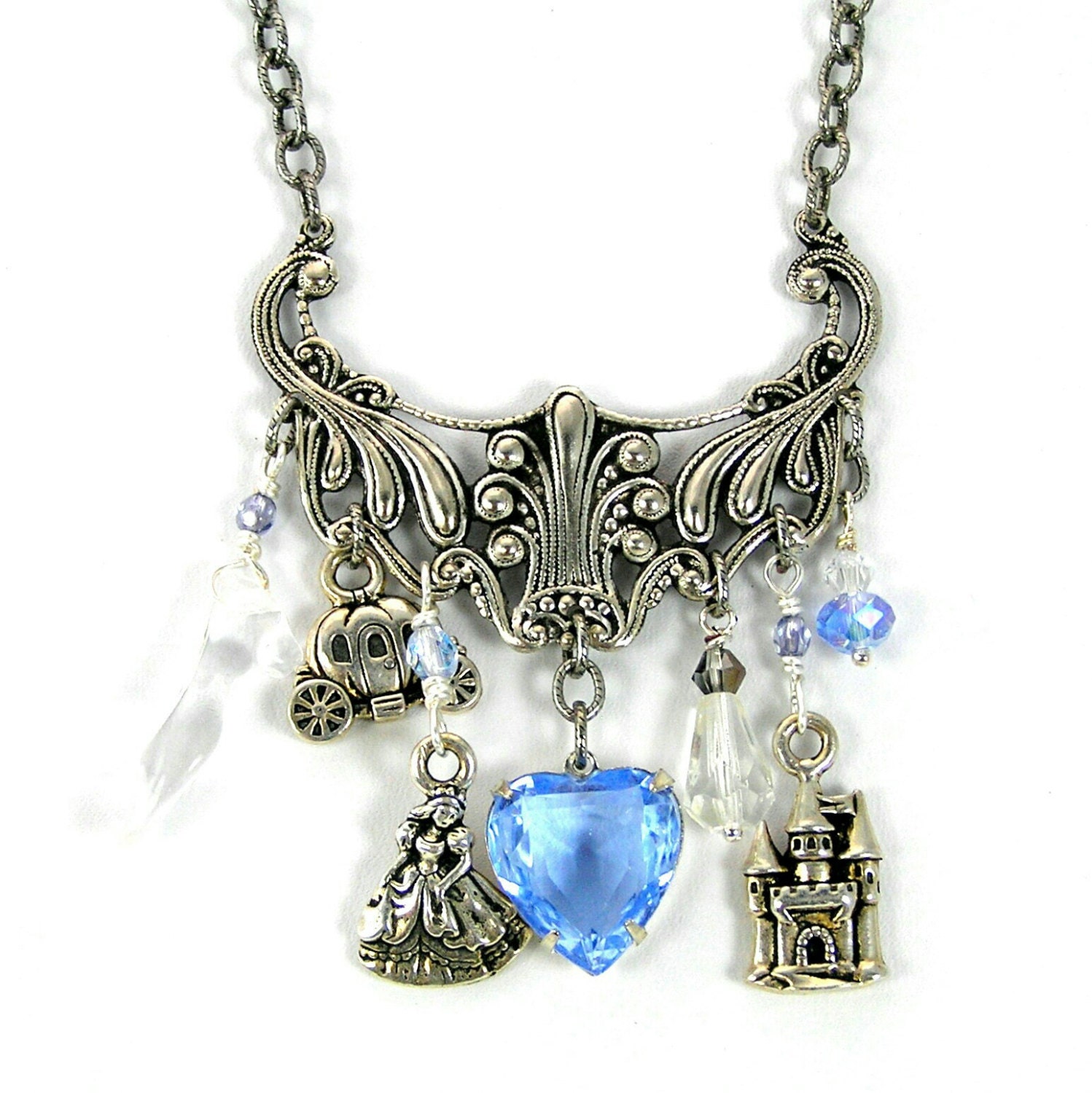 Cinderella Charm Necklace, Silver Pendant, Princess Jewelry, Fairy Tale Jewelry, Glass Slipper, Silver Charms, Princess Tiara, Whimsical