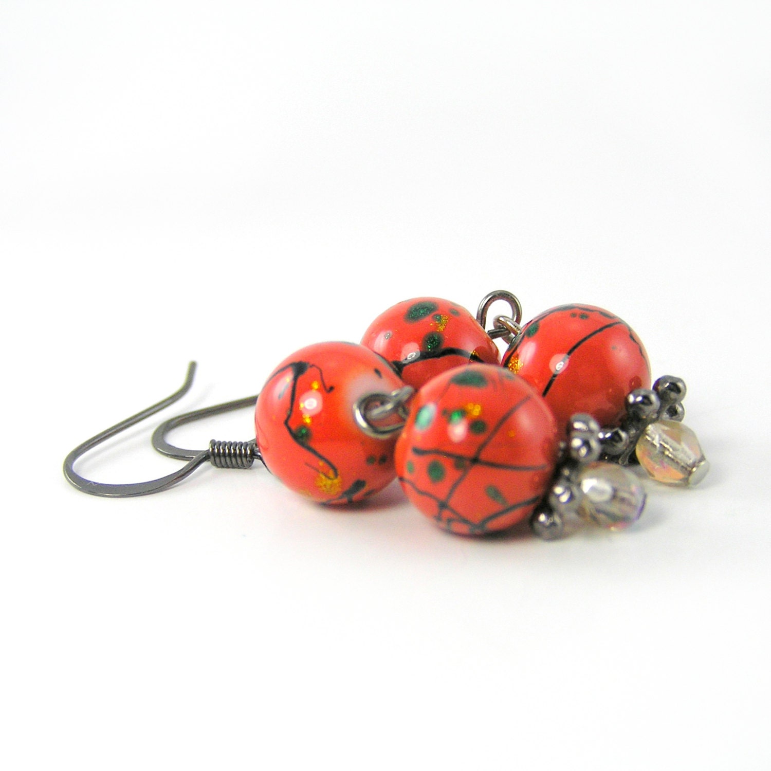 Red Dangle Earrings, Beaded Earrings, Splatter Beads, Gunmetal Jewelry, Bright, Simple Jewelry, Summer Jewelry