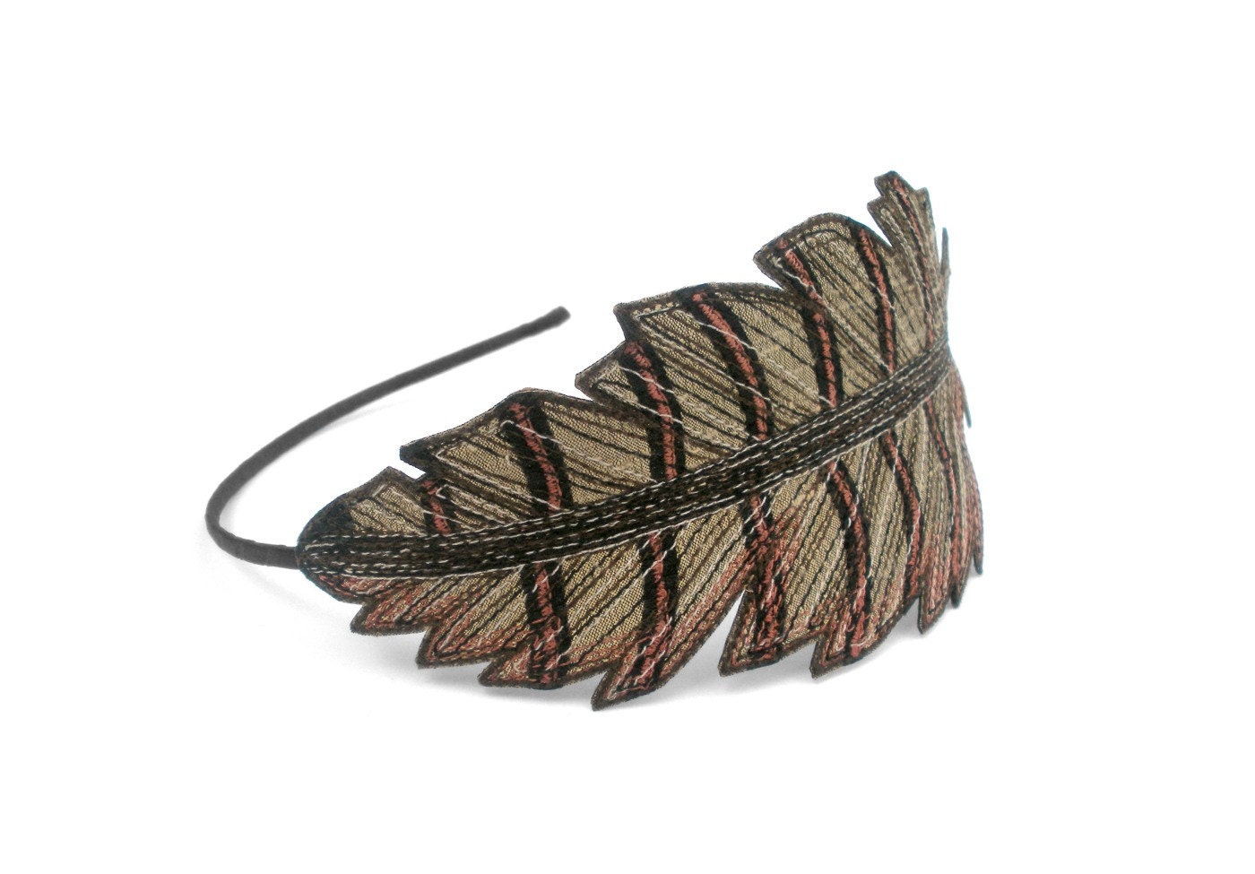 Pheasant Feather Headband- Bronze with Black and Sienna Markings- A Unique Embroidered Headband