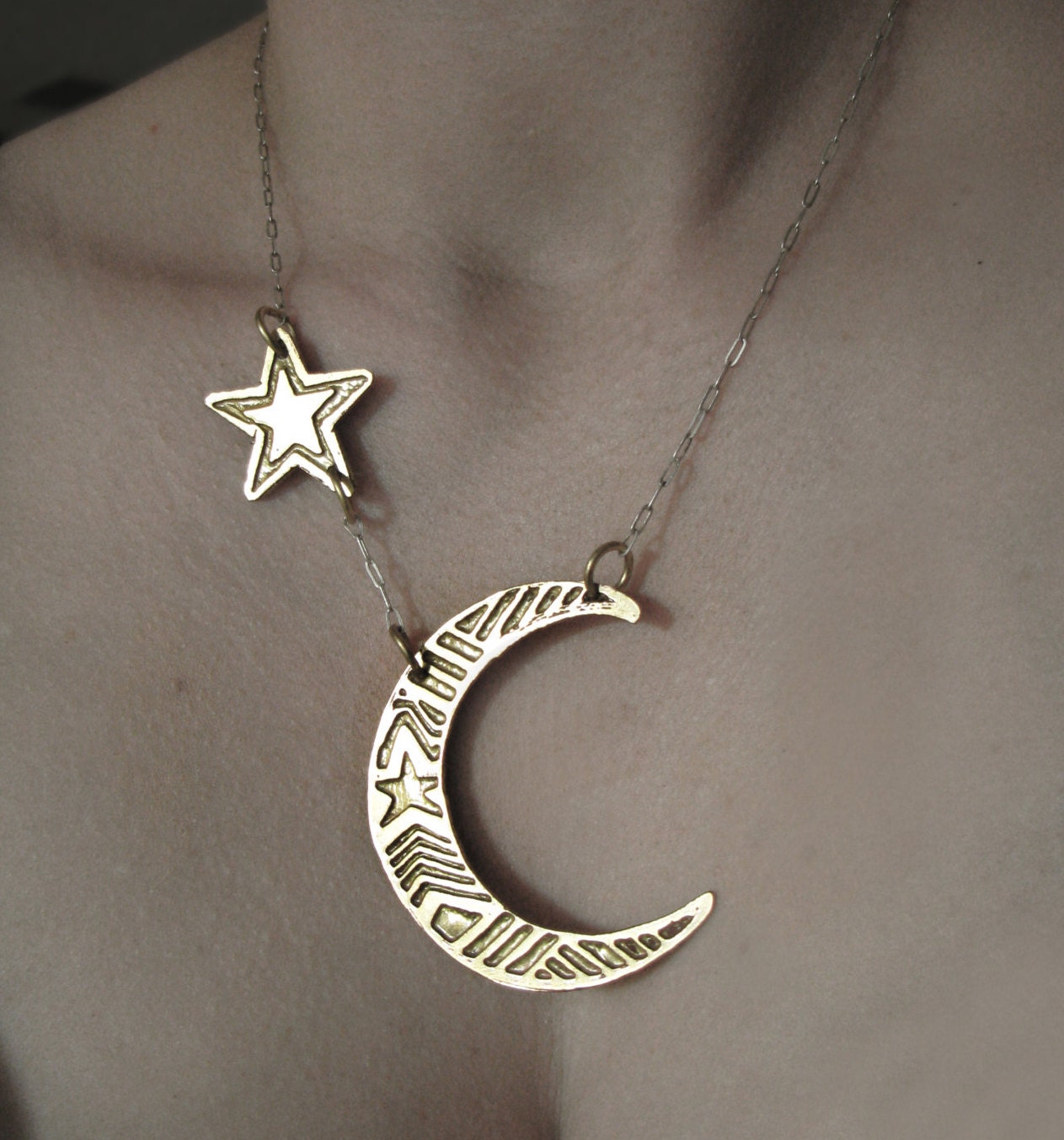 Brass Necklace - Etched Moon and Star necklace - handmade in my studio in Austin Texas