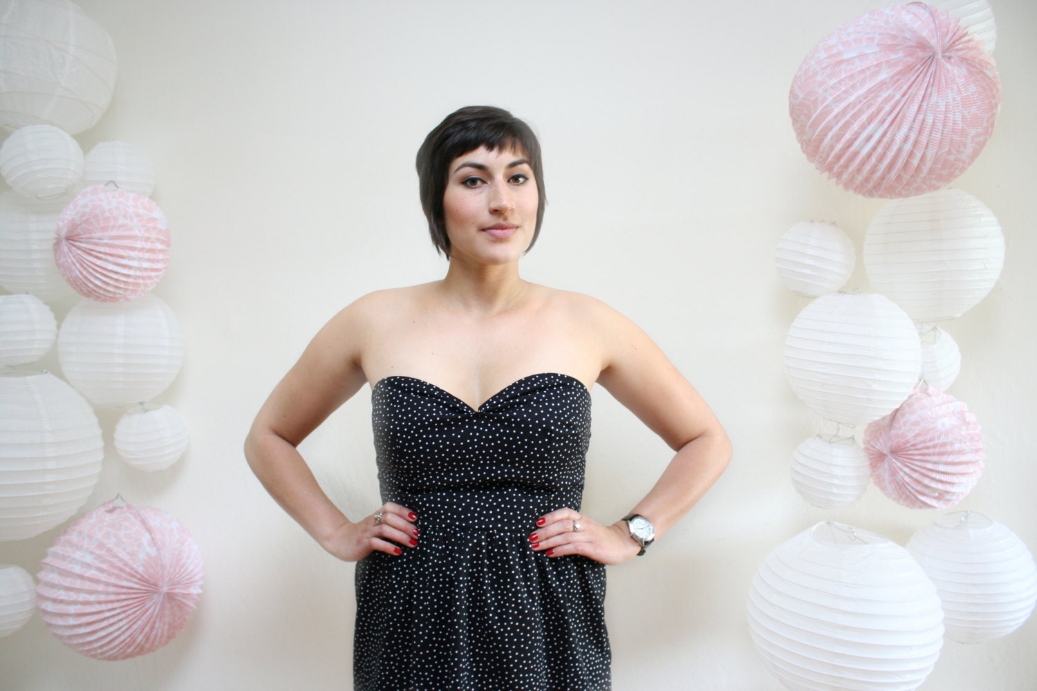 Size Large- Black Sweetheart Dress- Polka Dot Strapless LBD- Spring and Summer Fashion