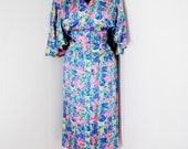 vintage 1980s SILK Pastel Watercolor FLORAL Fluttery Party Dress large