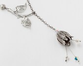 Handmade Jewelry Lariat Necklace silver Leaf flower tulip filigree pearls Swarovski crystal Neo Victorian pendant Wedding Jewelry Gift R1127
