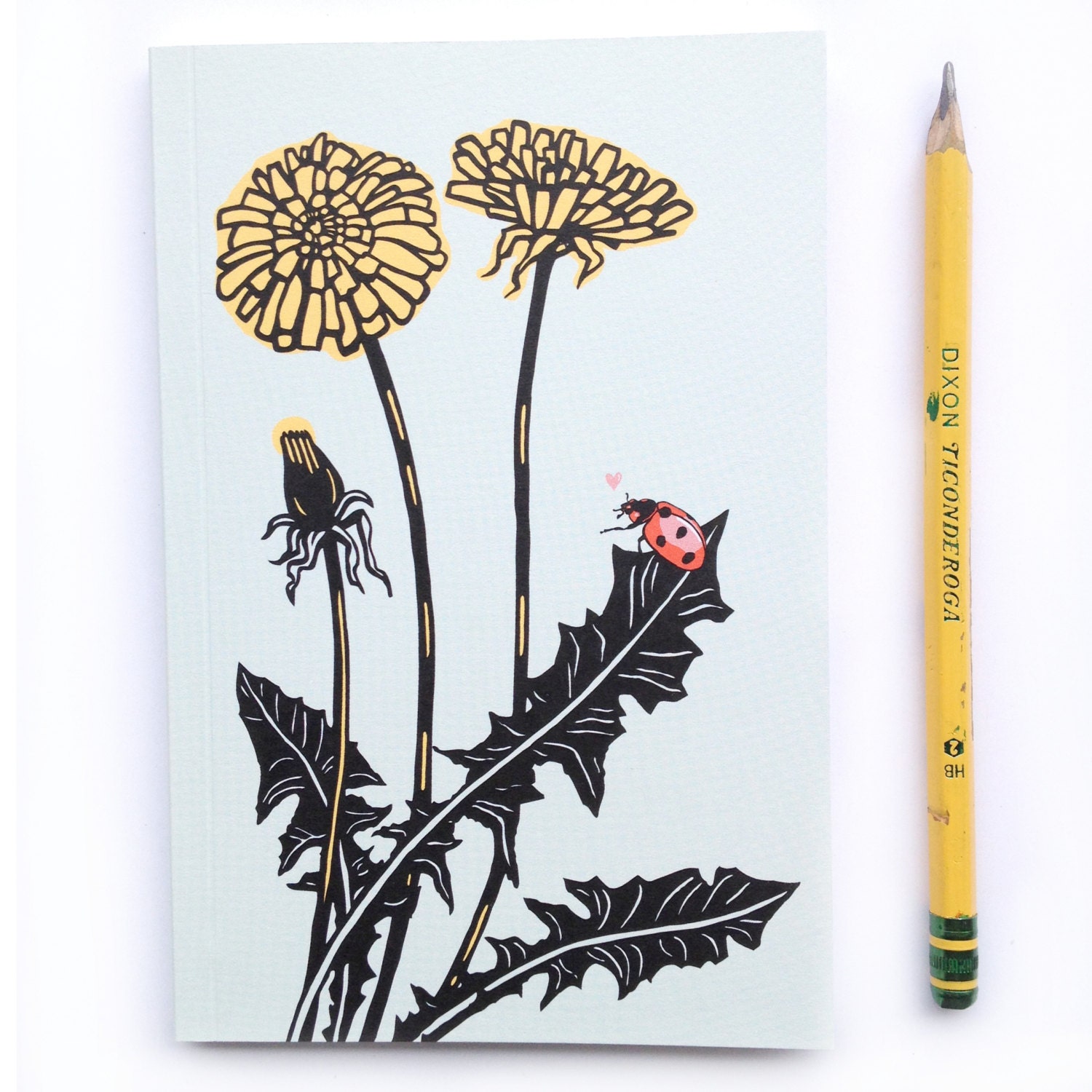 1 Small Mini Dandelion Journal, small blank sketch pocket book, ladybug love garden, original design, all recycled paper