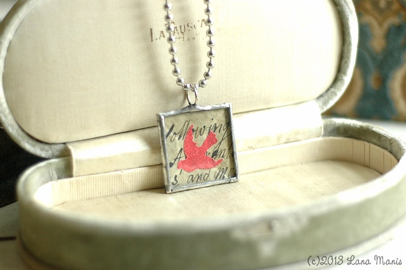 Coral Red Paper Bird Soldered Charm Necklace Aged Silver