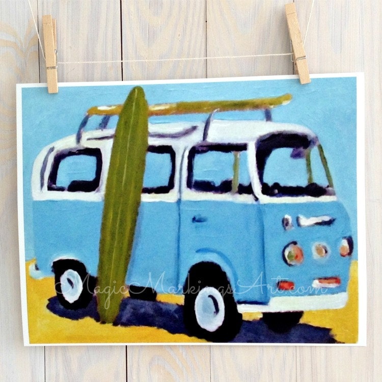 Retro VW bus van- surf art print, beach home decor, turquoise 11x14 print from original painting by Cathie Carlson