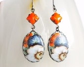 Floral Cameo Earrings Vintage Glass Daisy Flower Cabochons Blue Orange Spring Jewelry