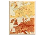 West Central Europe - Industry and Population. Vintage 1940s Scale Map. 8" x 10". Ready to Frame. (No. 1243)