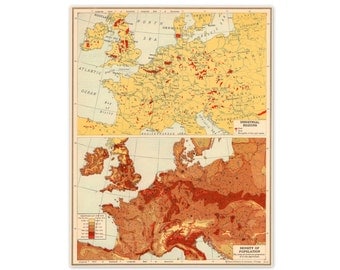 West Central Europe - Industry and Population. Vintage 1940s Scale Map. 8" x 10". Ready to Frame. (No. 1243)