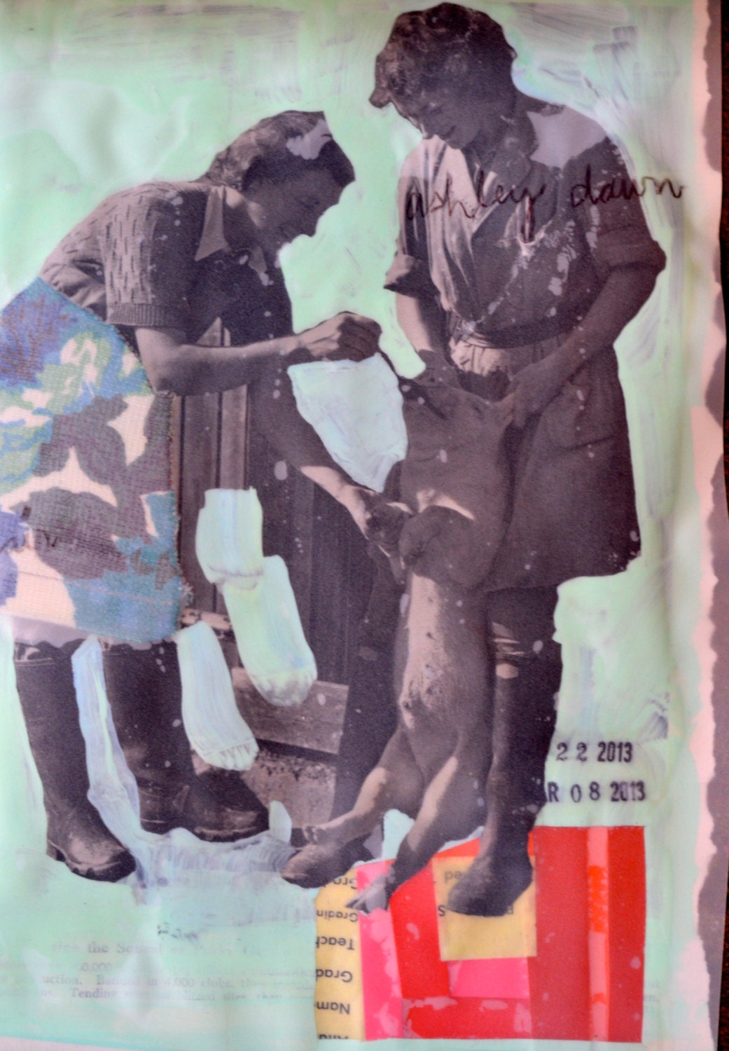 mixed media on paper - original - tend to the pigs in something pretty