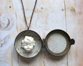 Intaglio Boy - Oxidized Copper Shadow Box Locket with Plaster Face Assemblage Necklace