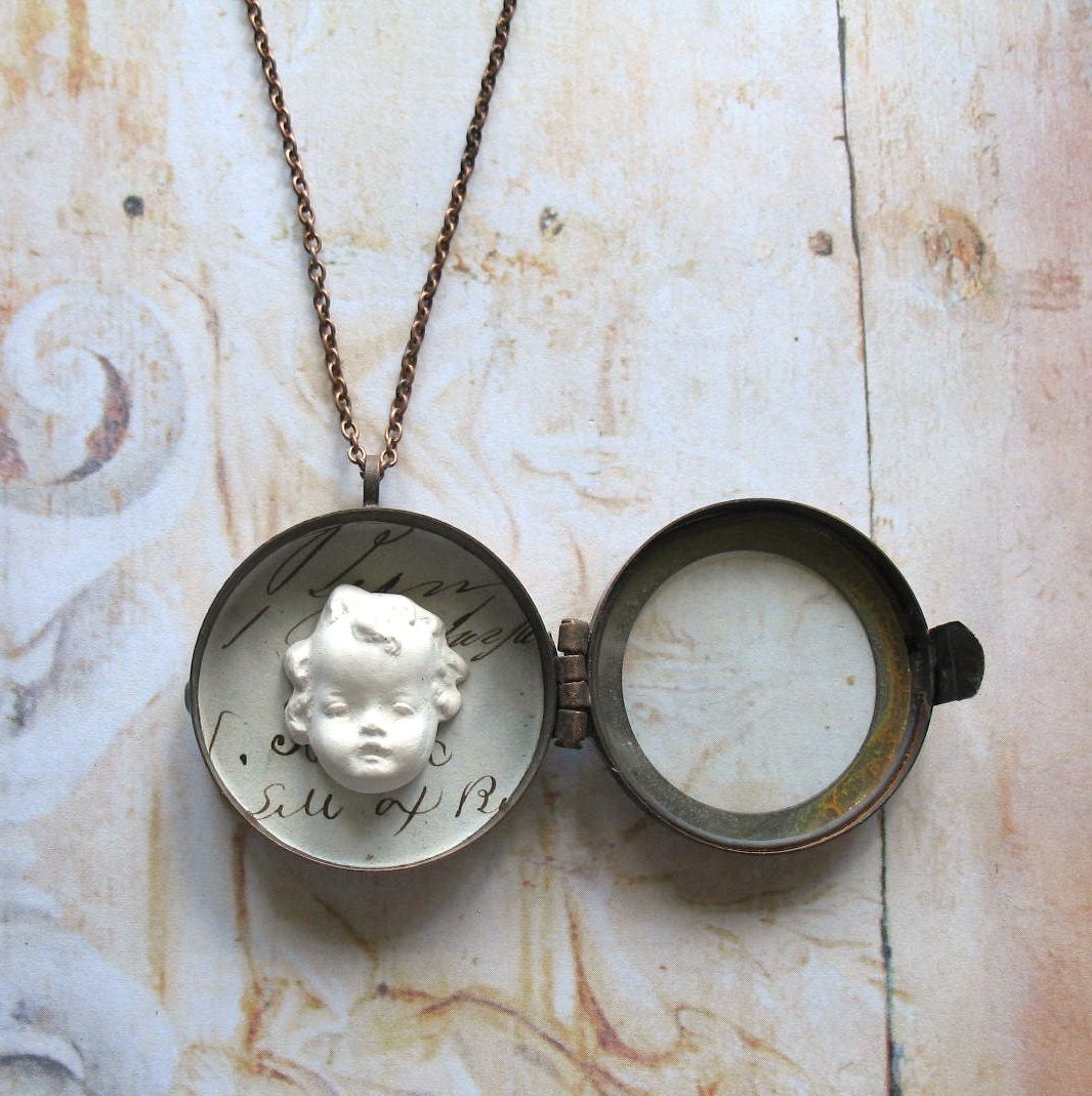 Intaglio Boy - Oxidized Copper Shadow Box Locket with Plaster Face Assemblage Necklace