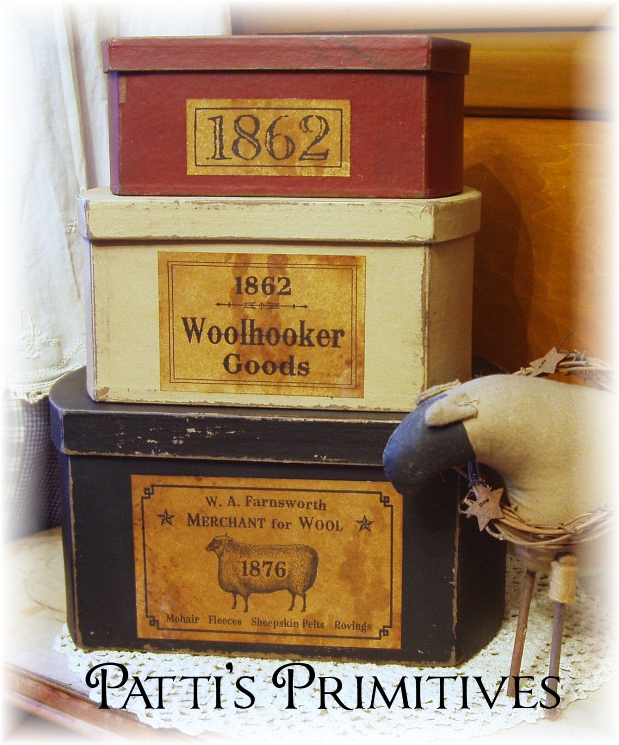 sheep woolhooker primitive shaker boxes with grubby labels