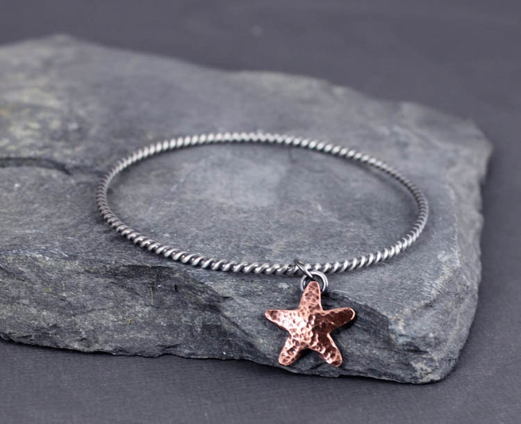 Starfish Bangle Bracelet, Twisted Sterling Silver Bangle, Beach jewelry, ocean jewelry, sea jewelry, Ready to Ship