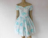Vintage 80's Dress,  Off Shoulder Tea Dress, Watercolor Floral Print Punk Party Dress, Sweetheart Mini Dress