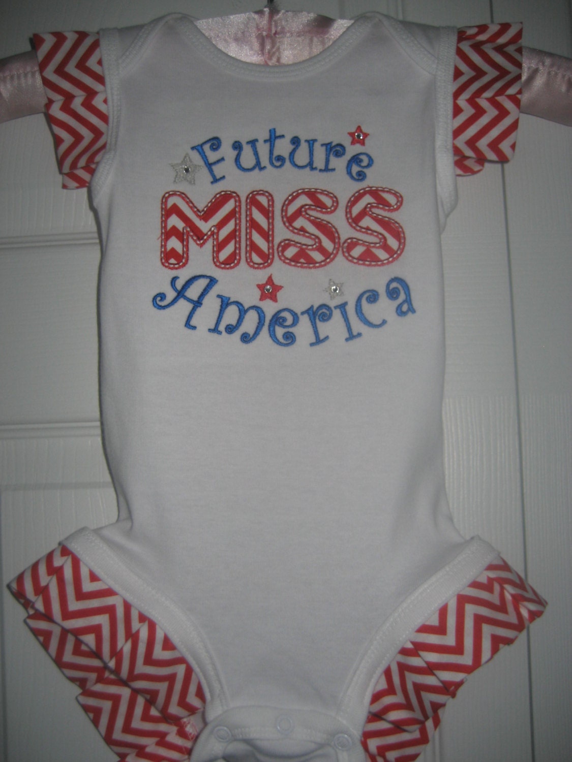 Boutique 4th of July future miss america one piece with ruffles and matching socks size 6 months