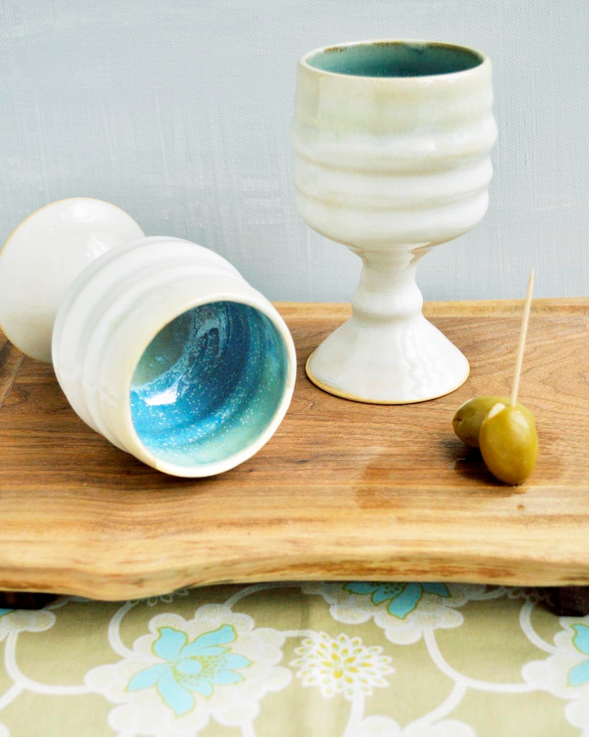2 ceramic chalice wine goblet glasses handmade organic shapes pottery White Cloud series