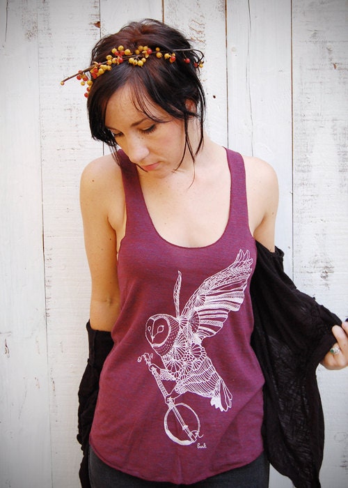 Ghost Banjo - womens owl tri-blend racer back jersey tank top - in Cranberry - by Bark Decor